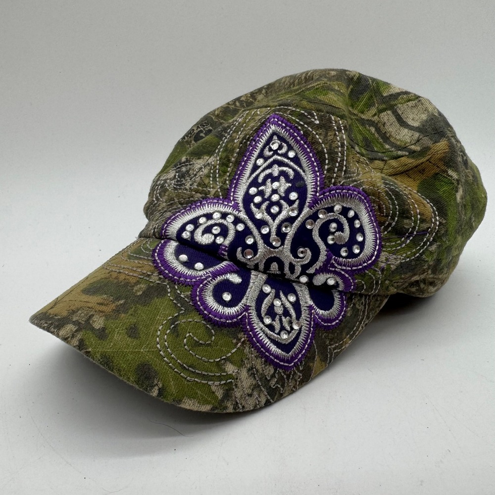 KBETHOS Mossy Oak Camo Fleur De Lis Rhinestone Cadet Hat Purple Adjustable Cap
